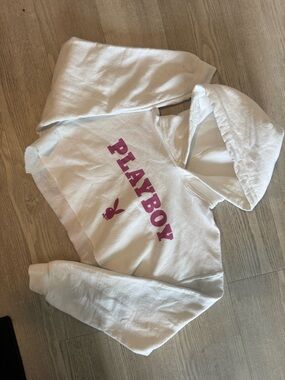 PLAYBOY White Cropped Hoodie with Pink Logo